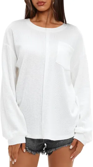 Darong Women Long Sleeve Crew Neck Waffle Knit Tunic Top Shirts Solid Color Loose Casual T Shirts