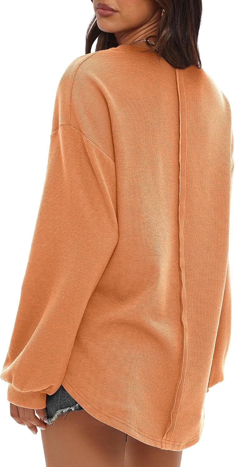 Darong Women Long Sleeve Crew Neck Waffle Knit Tunic Top Shirts Solid Color Loose Casual T Shirts