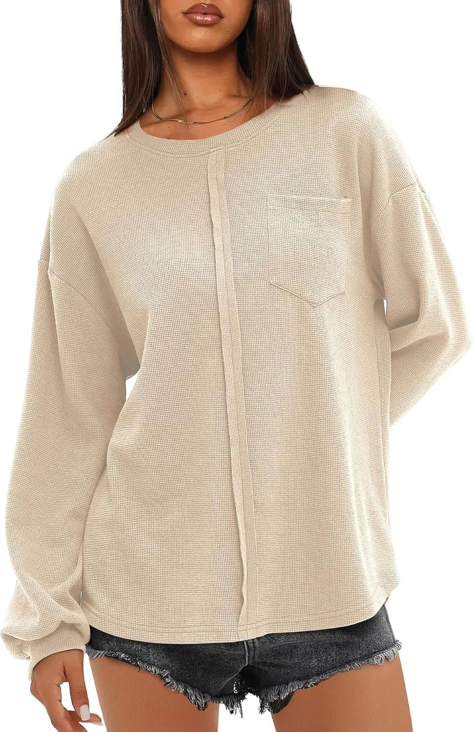 Darong Women Long Sleeve Crew Neck Waffle Knit Tunic Top Shirts Solid Color Loose Casual T Shirts
