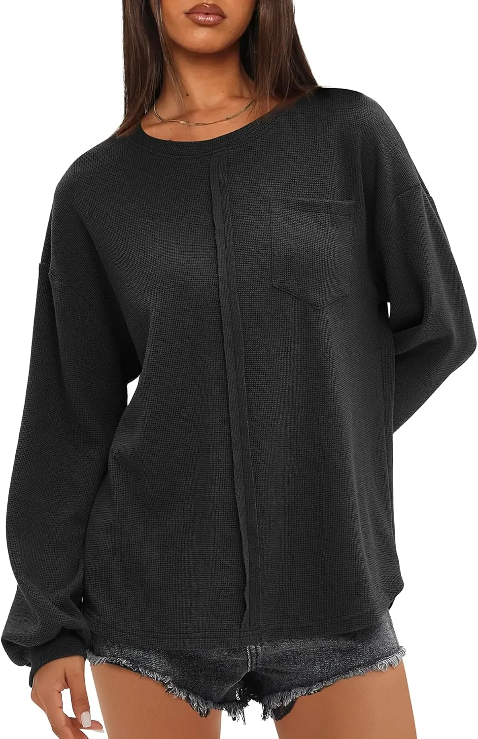 Darong Women Long Sleeve Crew Neck Waffle Knit Tunic Top Shirts Solid Color Loose Casual T Shirts