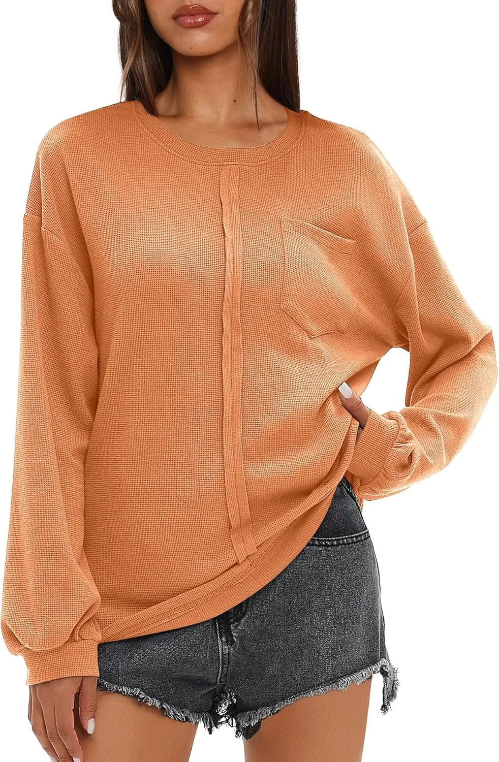 Darong Women Long Sleeve Crew Neck Waffle Knit Tunic Top Shirts Solid Color Loose Casual T Shirts