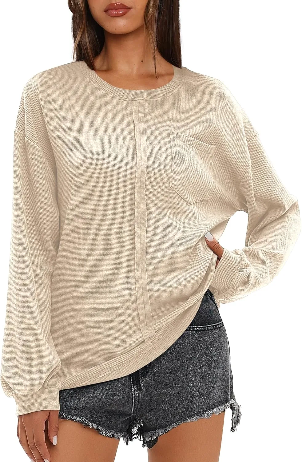 Darong Women Long Sleeve Crew Neck Waffle Knit Tunic Top Shirts Solid Color Loose Casual T Shirts