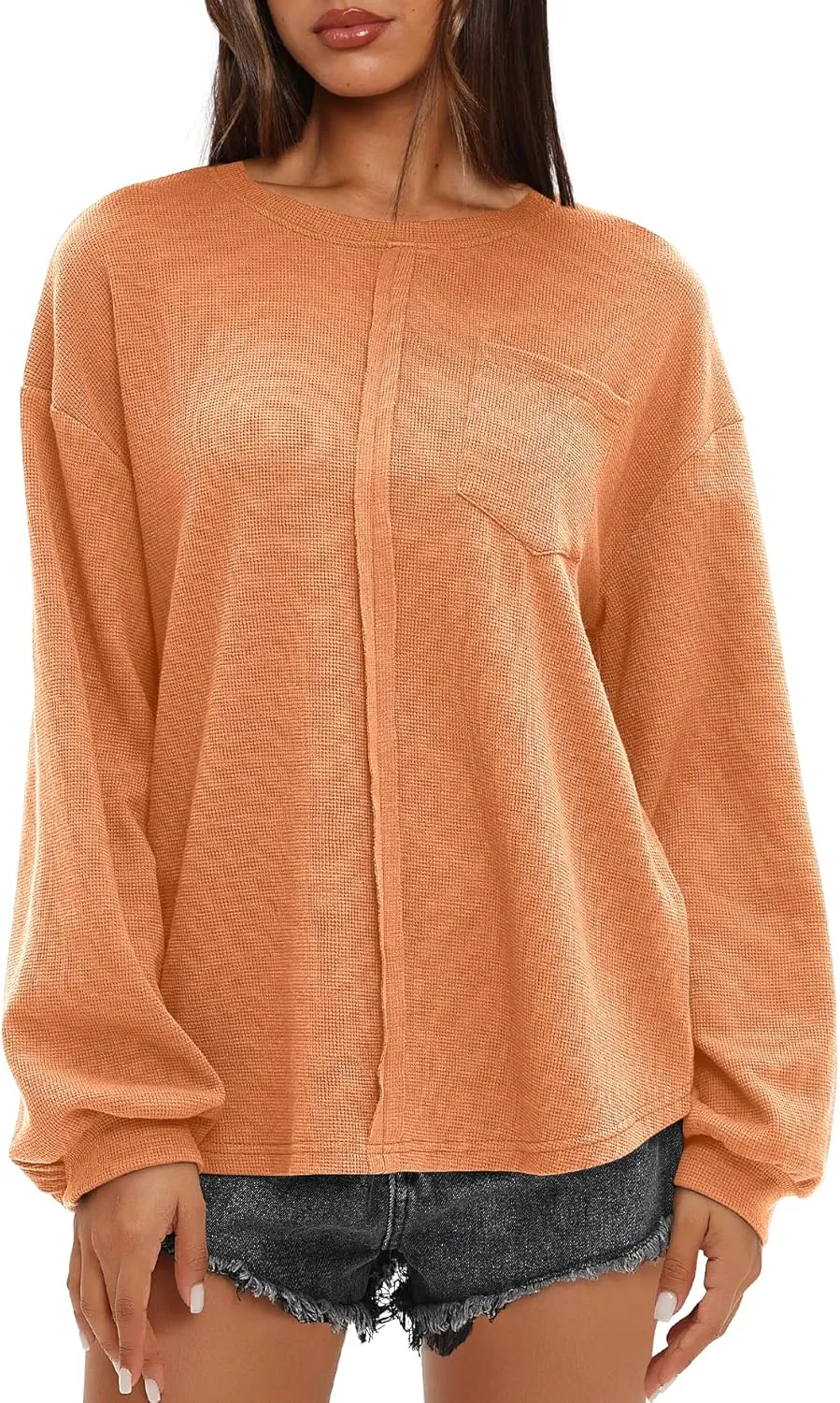 Darong Women Long Sleeve Crew Neck Waffle Knit Tunic Top Shirts Solid Color Loose Casual T Shirts