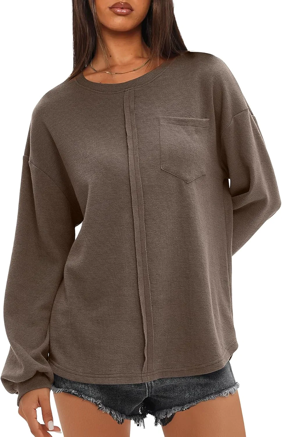 Darong Women Long Sleeve Crew Neck Waffle Knit Tunic Top Shirts Solid Color Loose Casual T Shirts