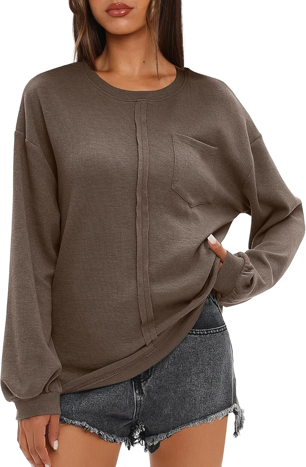 Darong Women Long Sleeve Crew Neck Waffle Knit Tunic Top Shirts Solid Color Loose Casual T Shirts