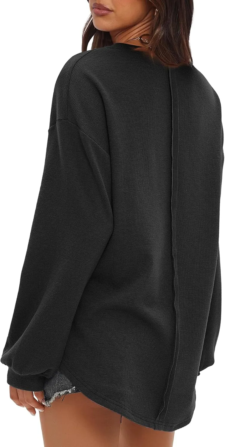 Darong Women Long Sleeve Crew Neck Waffle Knit Tunic Top Shirts Solid Color Loose Casual T Shirts