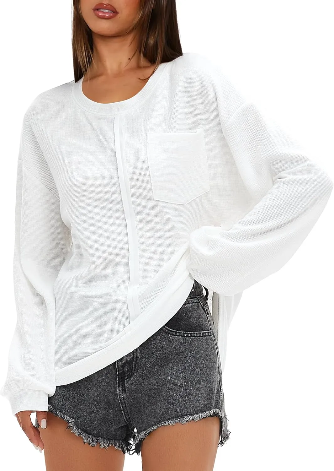 Darong Women Long Sleeve Crew Neck Waffle Knit Tunic Top Shirts Solid Color Loose Casual T Shirts