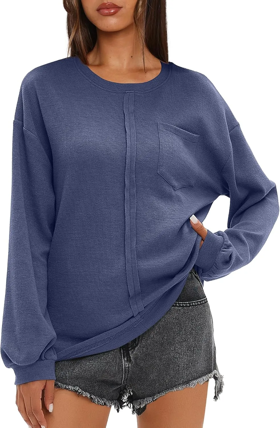 Darong Women Long Sleeve Crew Neck Waffle Knit Tunic Top Shirts Solid Color Loose Casual T Shirts