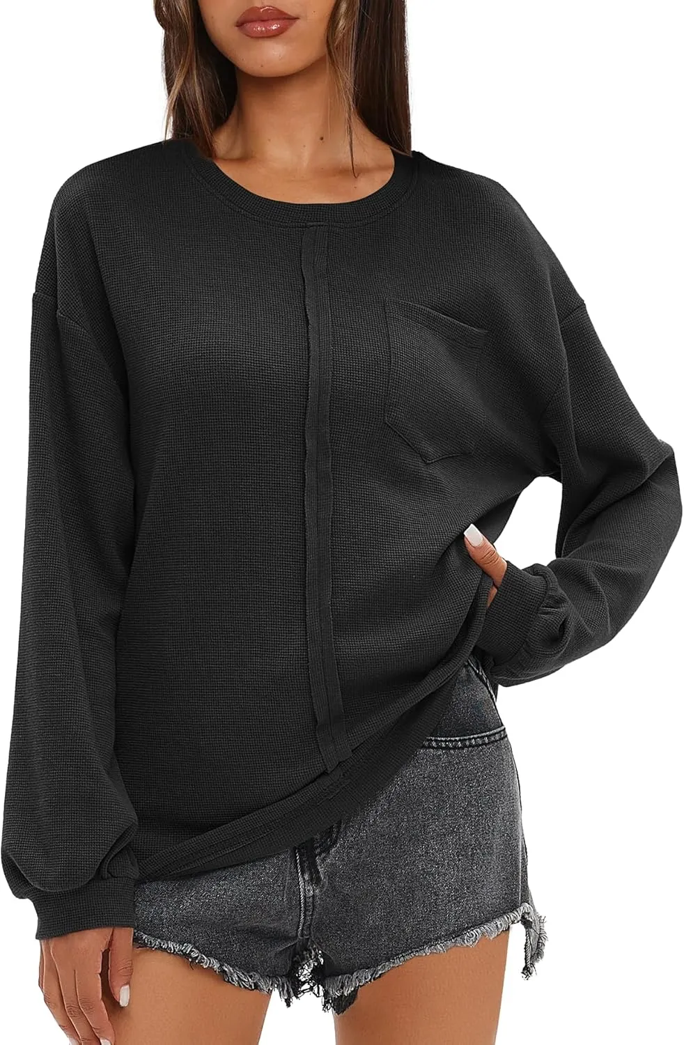 Darong Women Long Sleeve Crew Neck Waffle Knit Tunic Top Shirts Solid Color Loose Casual T Shirts