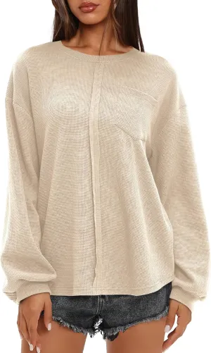 Darong Women Long Sleeve Crew Neck Waffle Knit Tunic Top Shirts Solid Color Loose Casual T Shirts