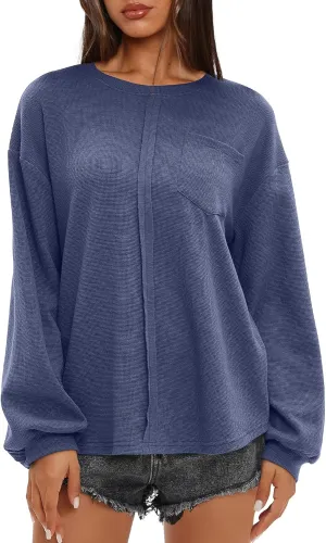 Darong Women Long Sleeve Crew Neck Waffle Knit Tunic Top Shirts Solid Color Loose Casual T Shirts