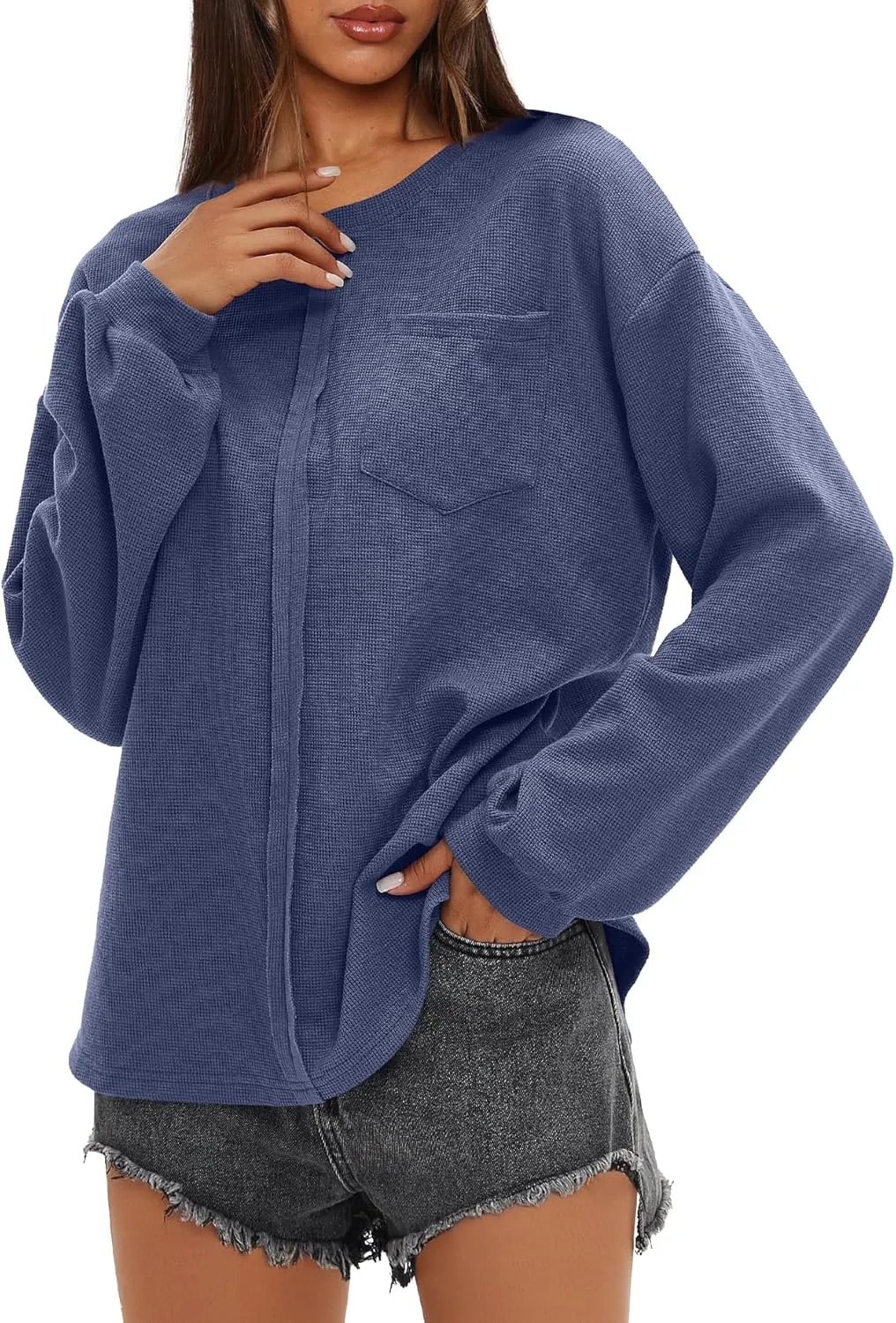 Darong Women Long Sleeve Crew Neck Waffle Knit Tunic Top Shirts Solid Color Loose Casual T Shirts