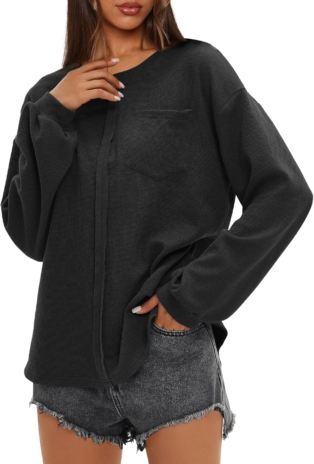 Darong Women Long Sleeve Crew Neck Waffle Knit Tunic Top Shirts Solid Color Loose Casual T Shirts