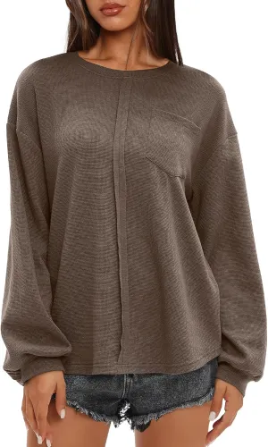 Darong Women Long Sleeve Crew Neck Waffle Knit Tunic Top Shirts Solid Color Loose Casual T Shirts