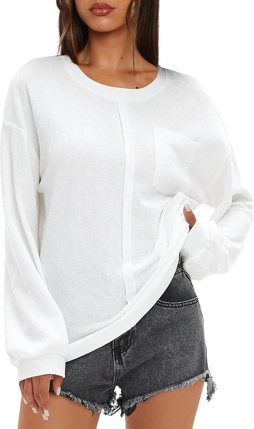 Darong Women Long Sleeve Crew Neck Waffle Knit Tunic Top Shirts Solid Color Loose Casual T Shirts
