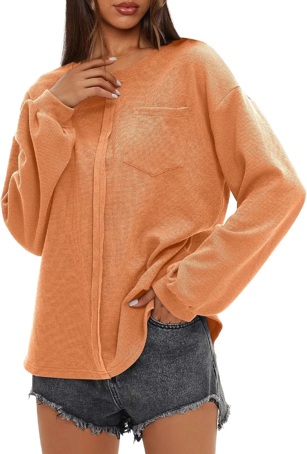 Darong Women Long Sleeve Crew Neck Waffle Knit Tunic Top Shirts Solid Color Loose Casual T Shirts