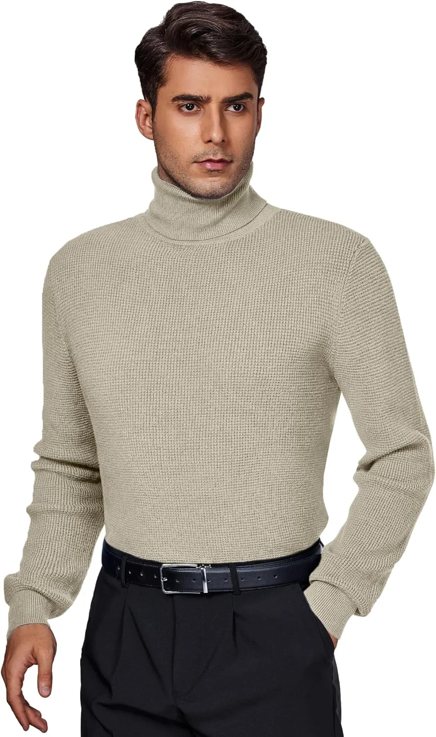 DEMEANOR Men's Turtleneck Pullover Sweaters for Men Waffle Knit Long Sleeve Thermal Turtle Neck Warm Sweaters for Men