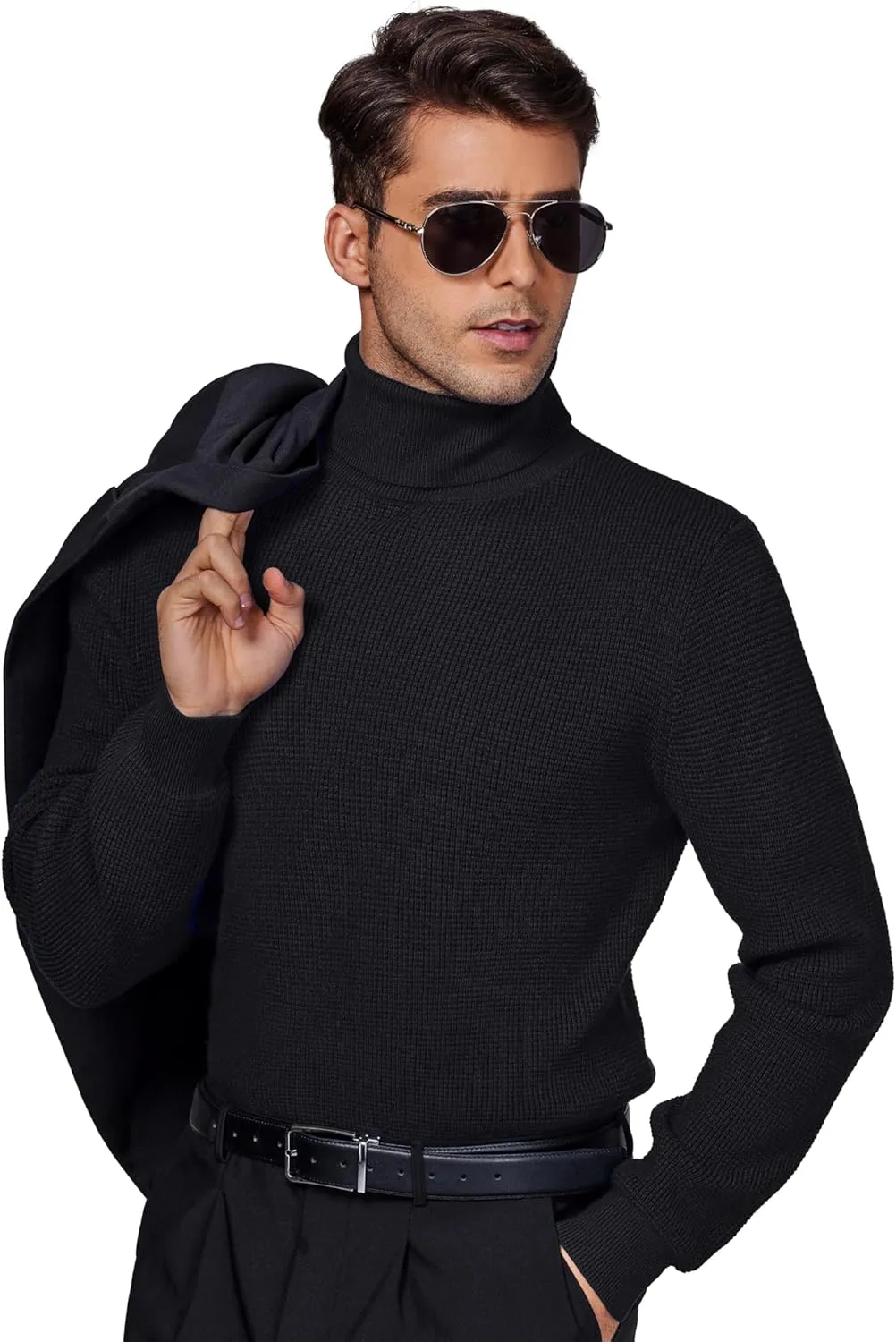 DEMEANOR Men's Turtleneck Pullover Sweaters for Men Waffle Knit Long Sleeve Thermal Turtle Neck Warm Sweaters for Men