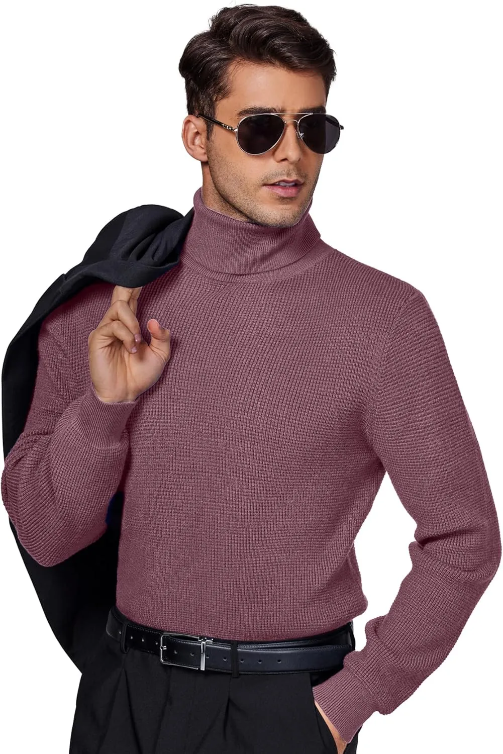 DEMEANOR Men's Turtleneck Pullover Sweaters for Men Waffle Knit Long Sleeve Thermal Turtle Neck Warm Sweaters for Men