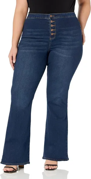 dollhouse Women's Dark High Rise Junior Plus Curvy Flare with Exposed Buttons and Zipper Fly