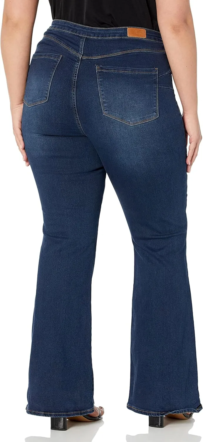 dollhouse Women's Dark High Rise Junior Plus Curvy Flare with Exposed Buttons and Zipper Fly