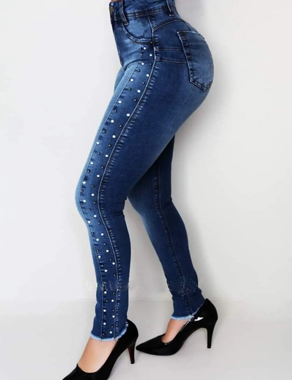 ECDAHICC Women's Fashion Luscious Curvy Bling Skinny Jeans High Waist Embroidered Rivet Pearl Denim Pencil Pants