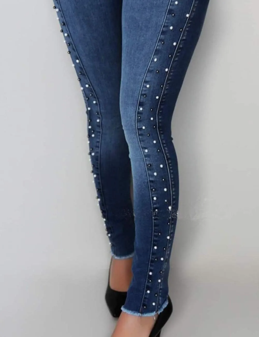 ECDAHICC Women's Fashion Luscious Curvy Bling Skinny Jeans High Waist Embroidered Rivet Pearl Denim Pencil Pants