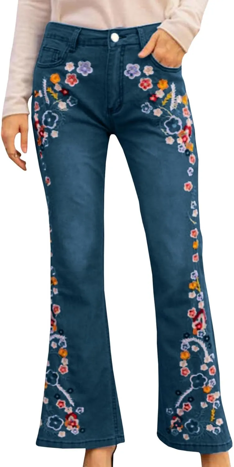 ECDAHICC Women's Fashion Luscious Curvy Bling Skinny Jeans High Waist Embroidered Rivet Pearl Denim Pencil Pants