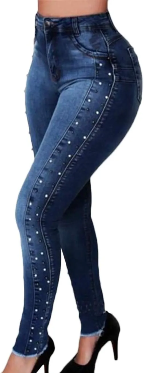ECDAHICC Women's Fashion Luscious Curvy Bling Skinny Jeans High Waist Embroidered Rivet Pearl Denim Pencil Pants