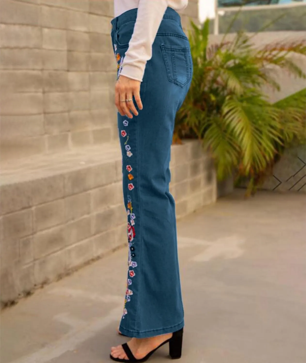 ECDAHICC Women's Fashion Luscious Curvy Bling Skinny Jeans High Waist Embroidered Rivet Pearl Denim Pencil Pants