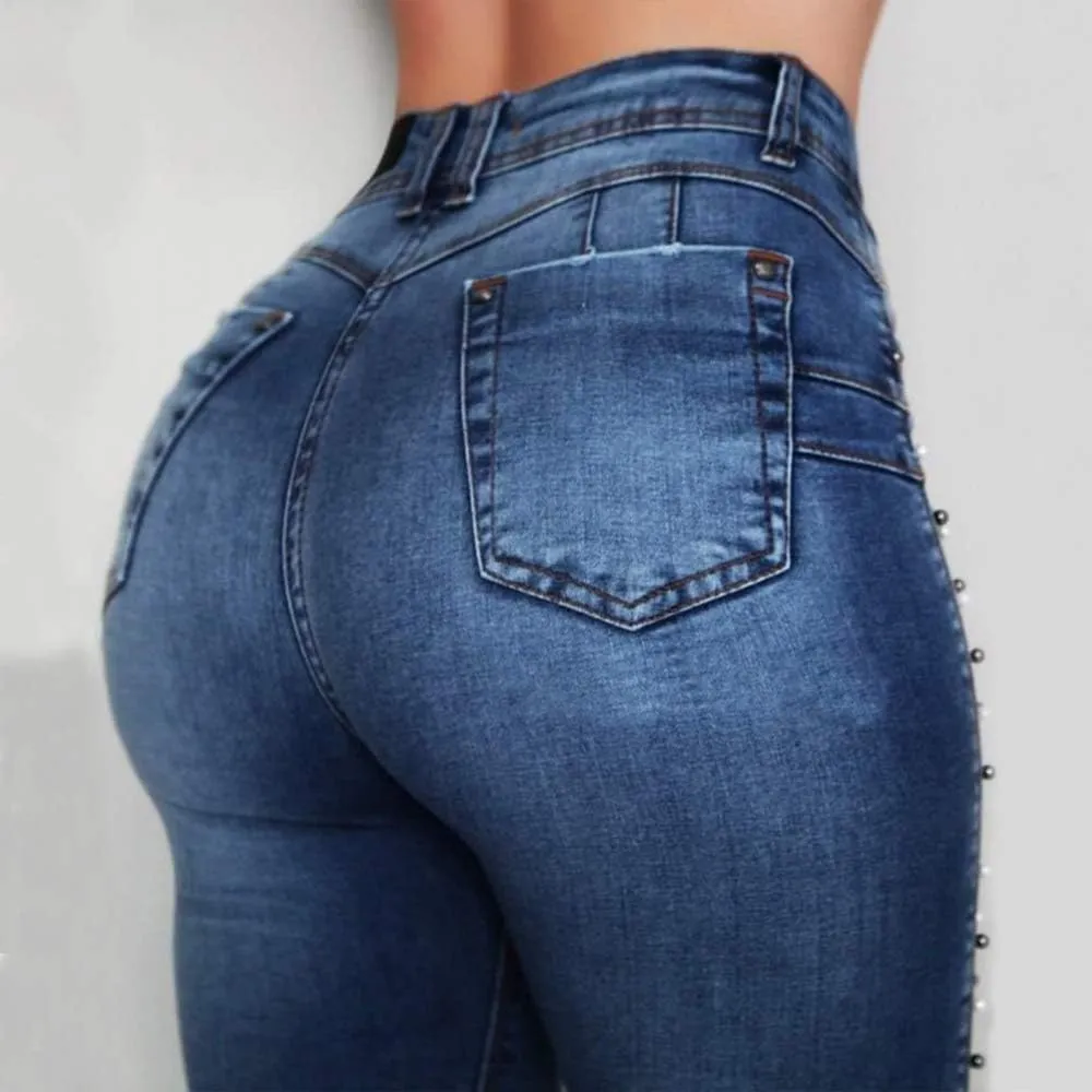 ECDAHICC Women's Fashion Luscious Curvy Bling Skinny Jeans High Waist Embroidered Rivet Pearl Denim Pencil Pants