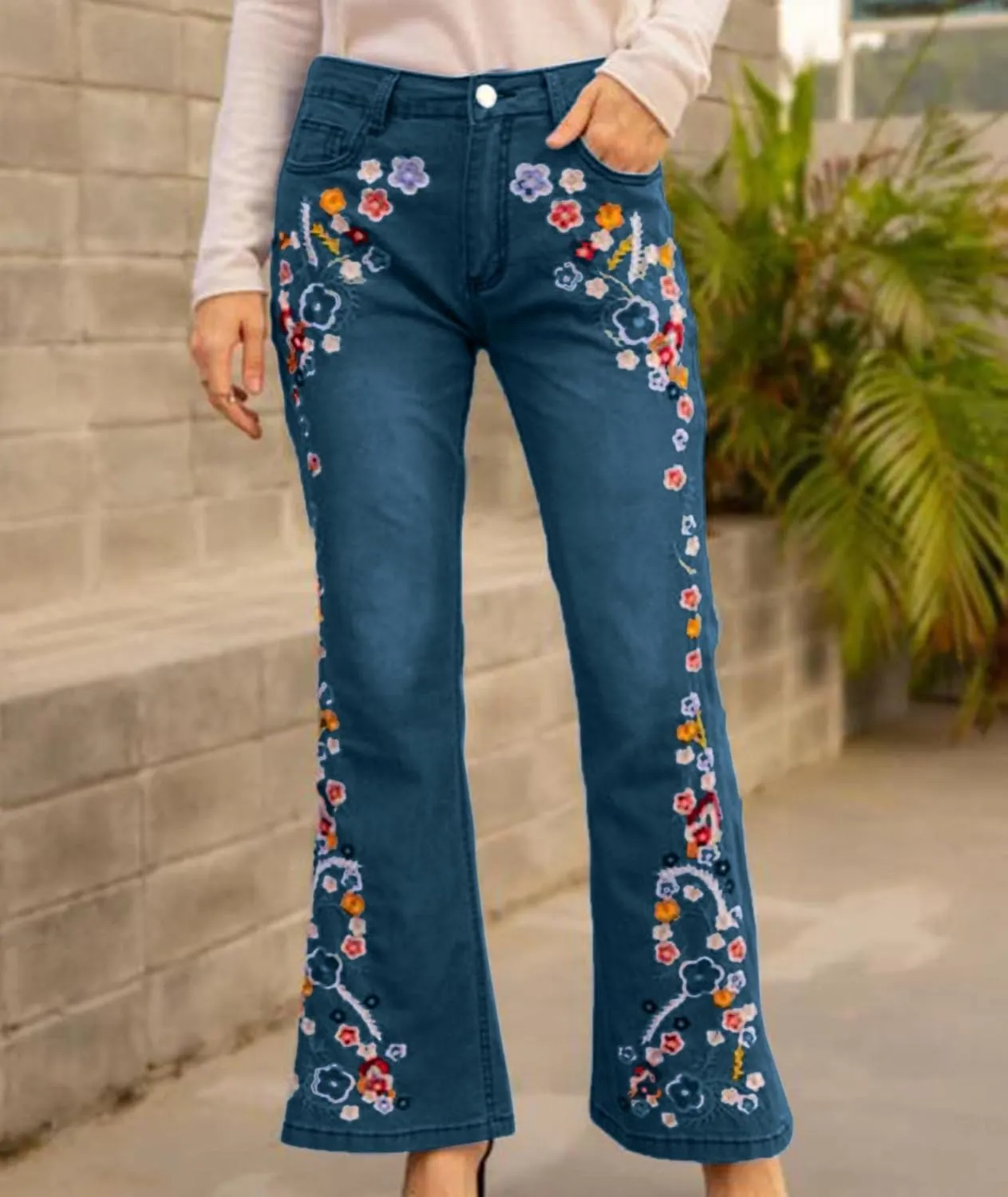 ECDAHICC Women's Fashion Luscious Curvy Bling Skinny Jeans High Waist Embroidered Rivet Pearl Denim Pencil Pants