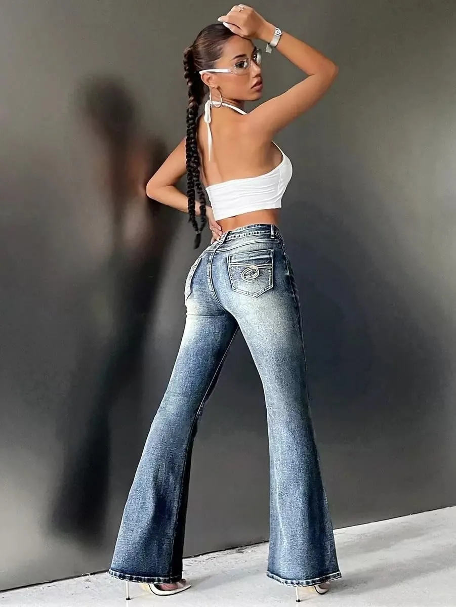EMMIOL Women's Mid-High Rise Flared Bell Bottom Stretch Jeans Boyfriends Jeans Y2K 90s Denim Pants