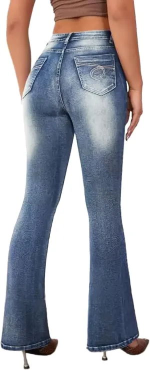 EMMIOL Women's Mid-High Rise Flared Bell Bottom Stretch Jeans Boyfriends Jeans Y2K 90s Denim Pants