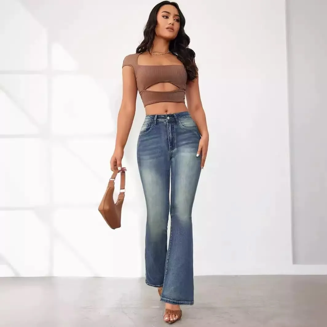 EMMIOL Women's Mid-High Rise Flared Bell Bottom Stretch Jeans Boyfriends Jeans Y2K 90s Denim Pants