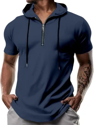 evzosrz Hoodies Mens Quarter Zipper Short Sleeve Hooded T-Shirts Drawstring Lightweight V Neck Pullover Summer Athletic Shirt