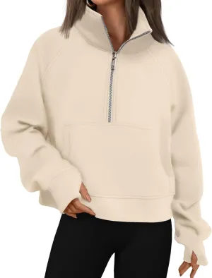 Fall Sweatshirts for Women 2024 Half Zip Cropped Sweatshirt Pullover Fleece Quarter Zip Hoodie Sweatshirt Thumb Hole