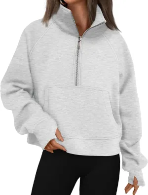 Fall Sweatshirts for Women 2024 Half Zip Cropped Sweatshirt Pullover Fleece Quarter Zip Hoodie Sweatshirt Thumb Hole