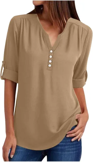 Fall Tops for Women 2024 Rolled Up Long Sleeve V Neck Button Down T Shirts Business Casual Work Chiffon Tunic Blouse