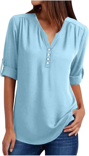 Fall Tops for Women 2024 Rolled Up Long Sleeve V Neck Button Down T Shirts Business Casual Work Chiffon Tunic Blouse