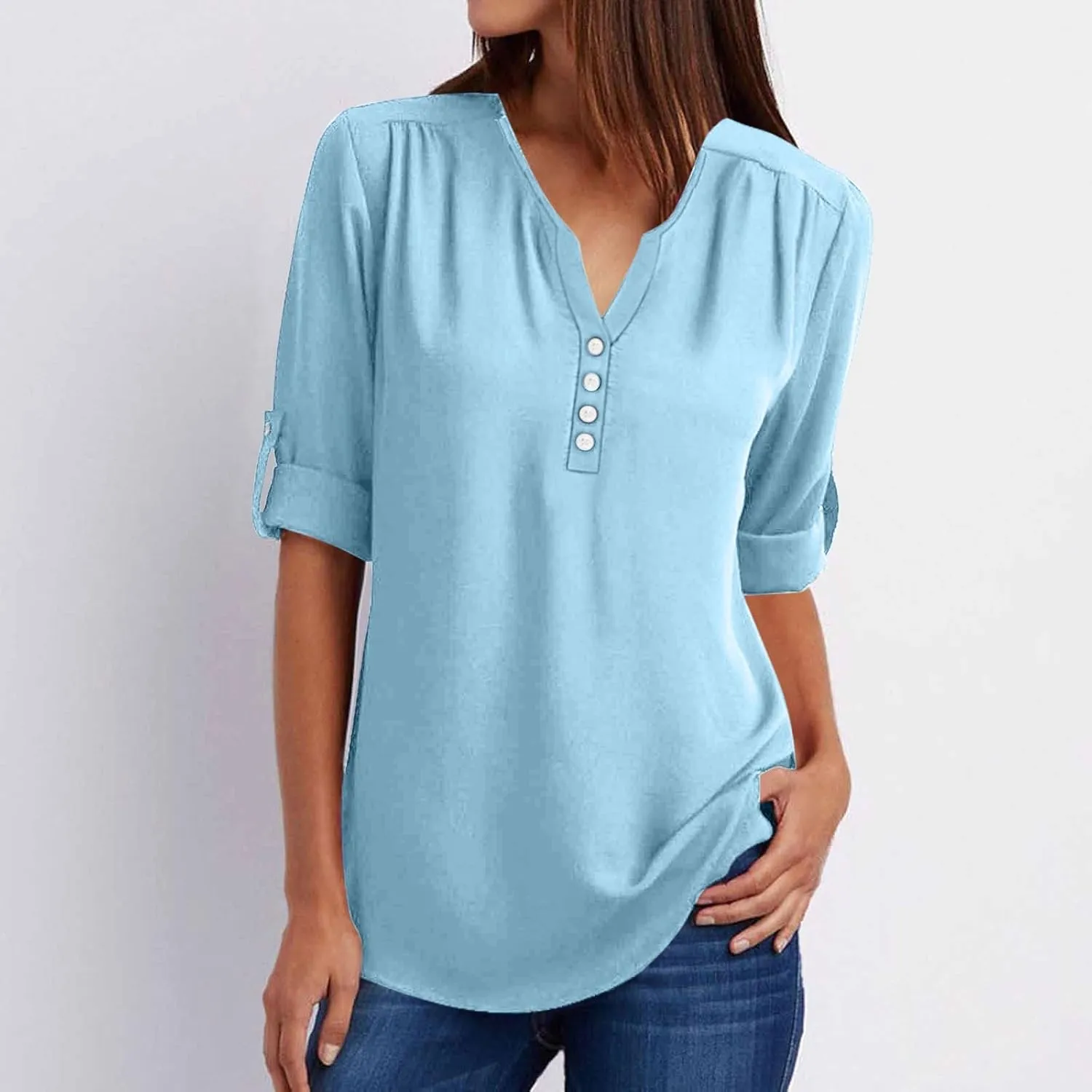 Fall Tops for Women 2024 Rolled Up Long Sleeve V Neck Button Down T Shirts Business Casual Work Chiffon Tunic Blouse