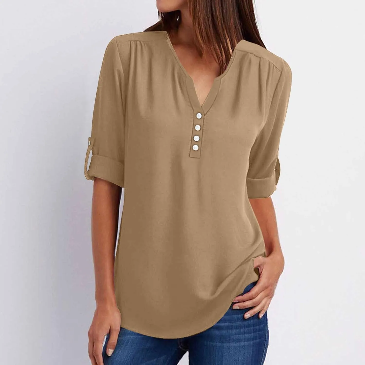 Fall Tops for Women 2024 Rolled Up Long Sleeve V Neck Button Down T Shirts Business Casual Work Chiffon Tunic Blouse