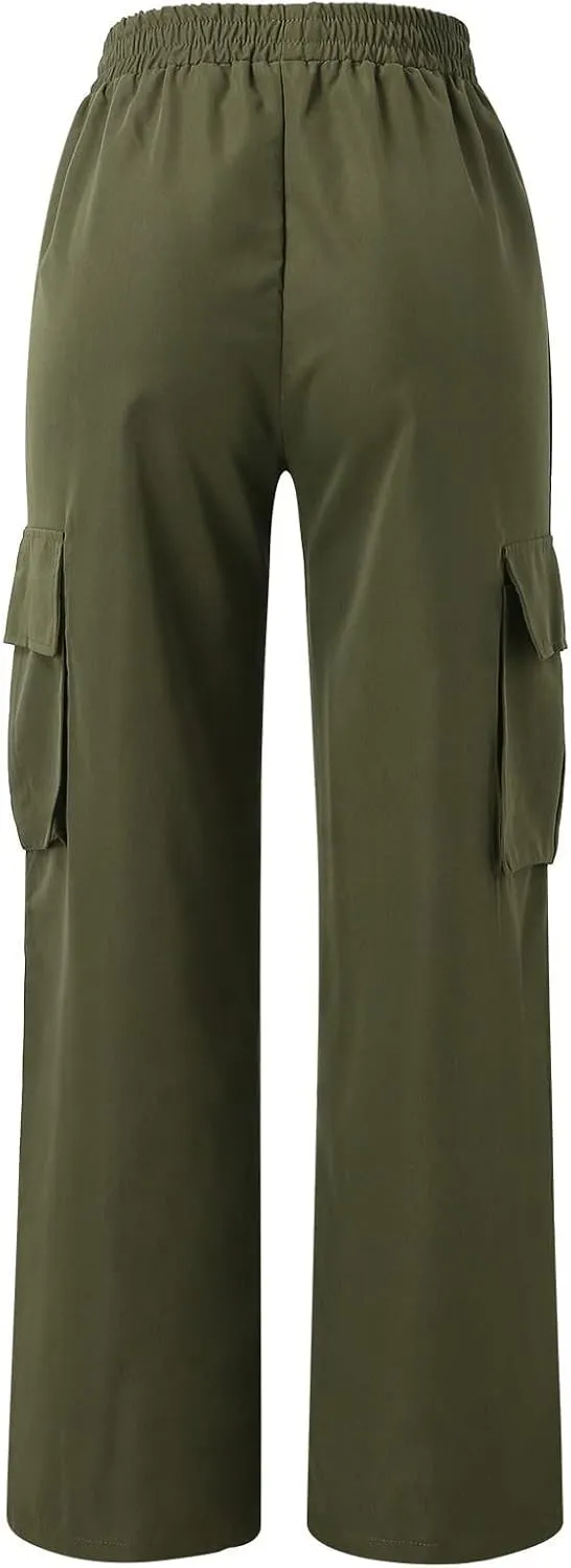 fanmpghleoo Cargo Pants Women Baggy High Waisted Wide Leg Pants Casual Elastic Waist Pull On Carpenter Pants with Pockets