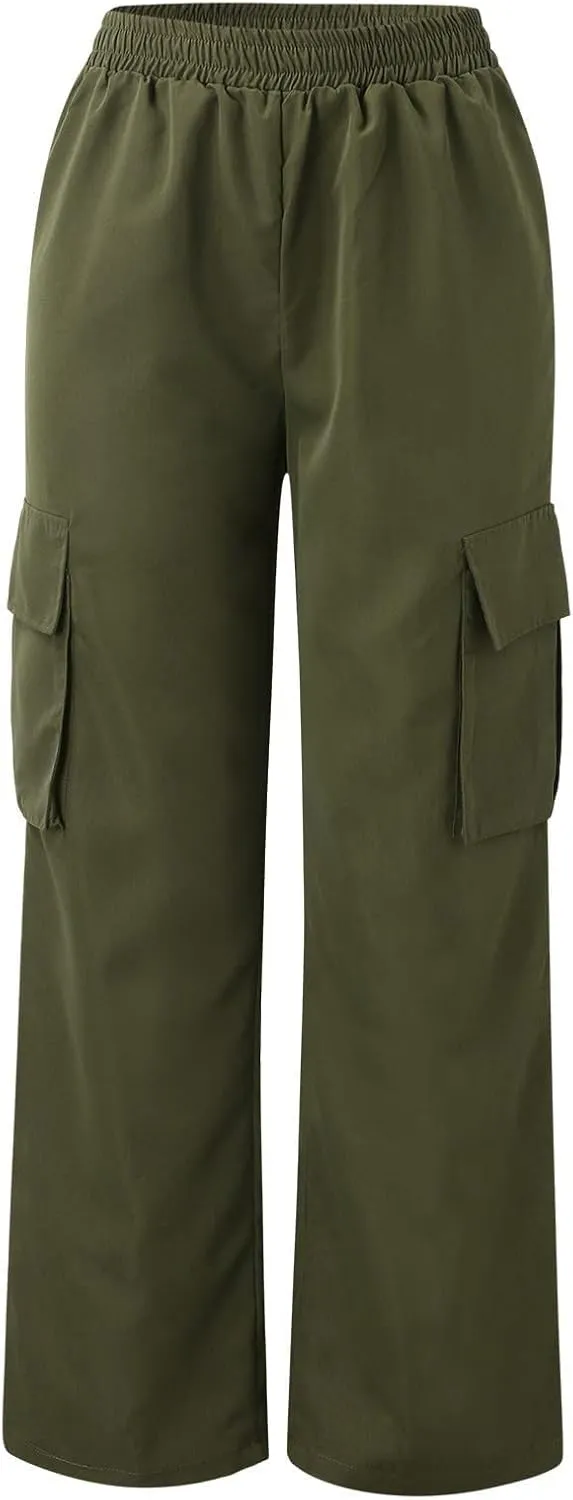 fanmpghleoo Cargo Pants Women Baggy High Waisted Wide Leg Pants Casual Elastic Waist Pull On Carpenter Pants with Pockets