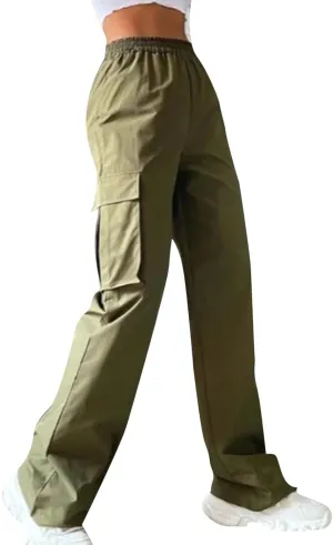 fanmpghleoo Cargo Pants Women Baggy High Waisted Wide Leg Pants Casual Elastic Waist Pull On Carpenter Pants with Pockets