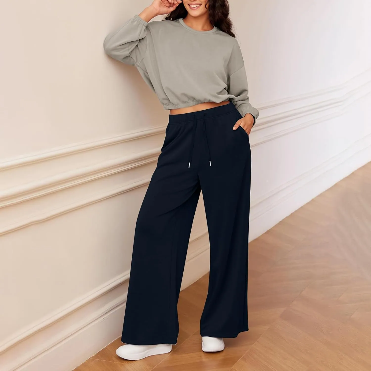 fanmpghleoo Wide Leg Sweatpants Women Baggy Drawstring High Waisted Joggers with Pockets Lightweight Casual Comfy Sweat Pants