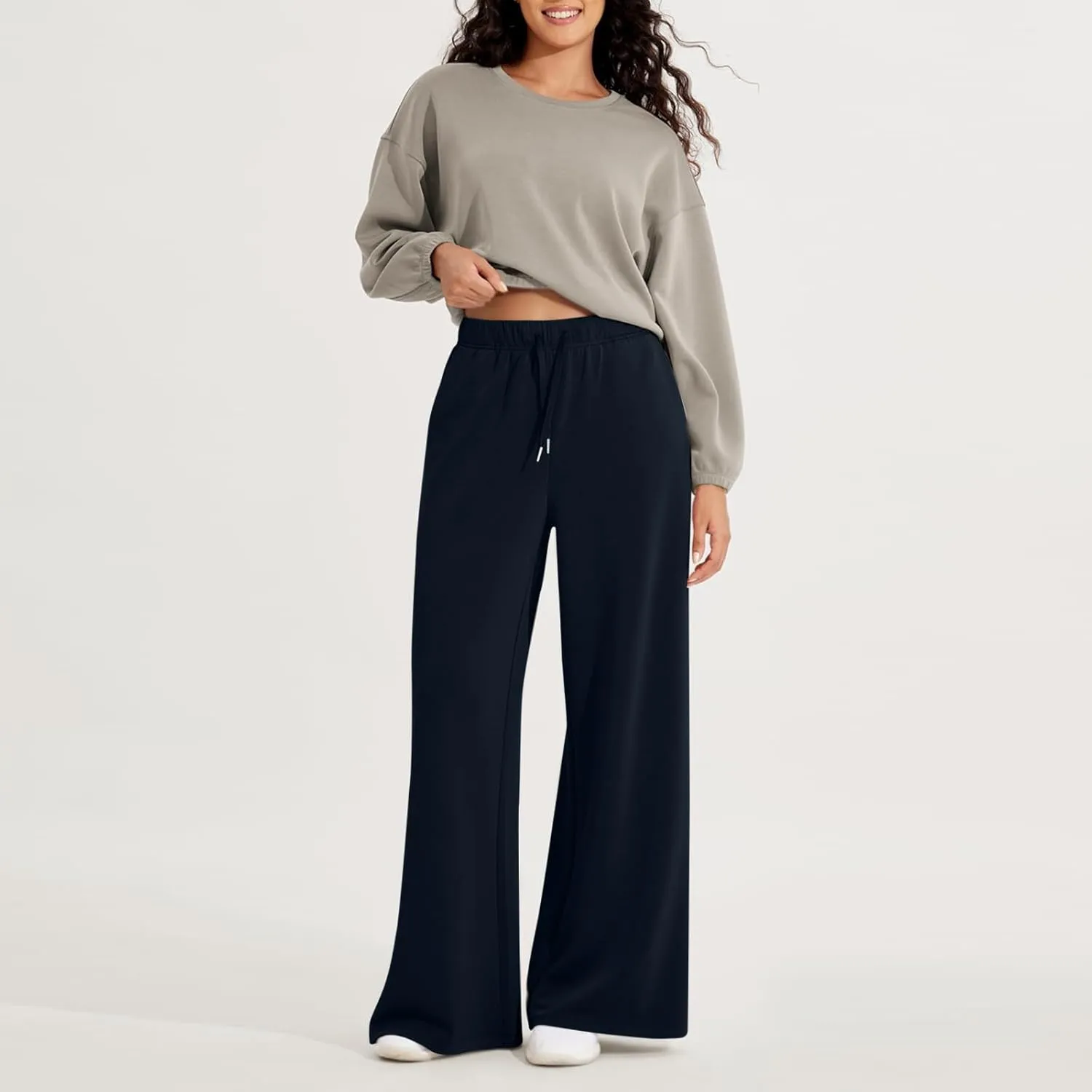 fanmpghleoo Wide Leg Sweatpants Women Baggy Drawstring High Waisted Joggers with Pockets Lightweight Casual Comfy Sweat Pants