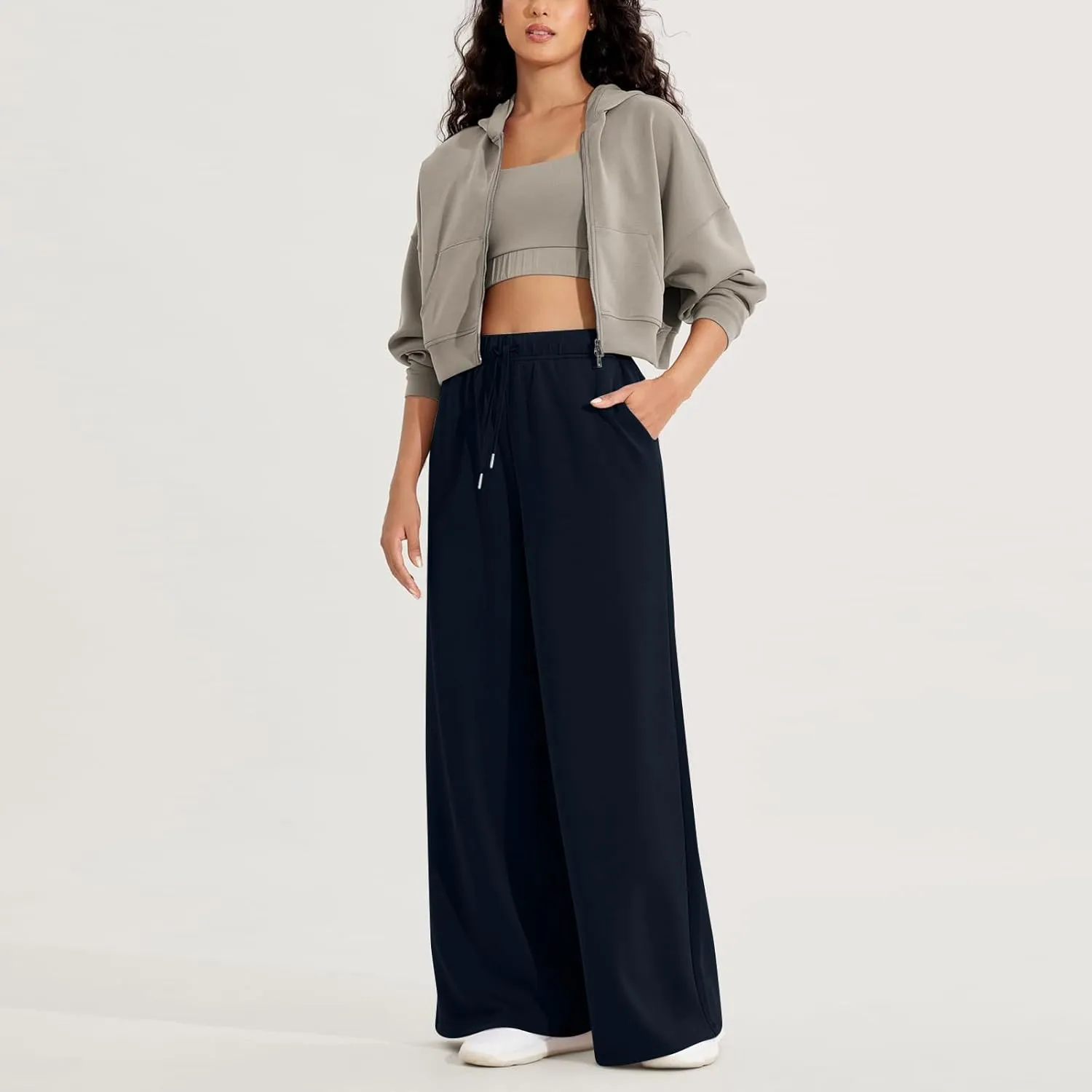 fanmpghleoo Wide Leg Sweatpants Women Baggy Drawstring High Waisted Joggers with Pockets Lightweight Casual Comfy Sweat Pants