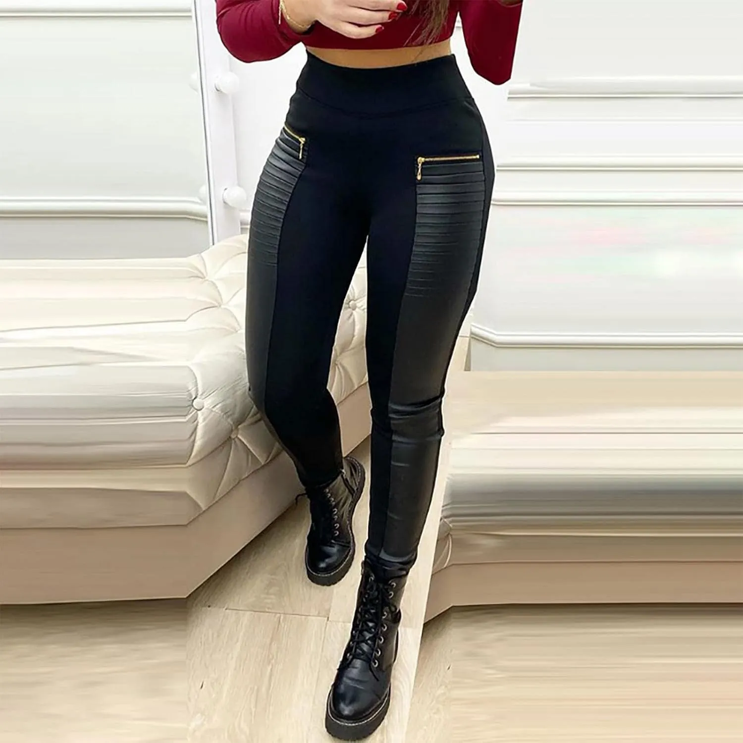 Faux Leather Pants for Women High Waisted Skinny Pants Contrast Panel Zipper Detail PU Leather Stretch Yoga Tights