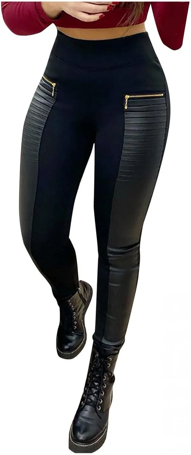 Faux Leather Pants for Women High Waisted Skinny Pants Contrast Panel Zipper Detail PU Leather Stretch Yoga Tights